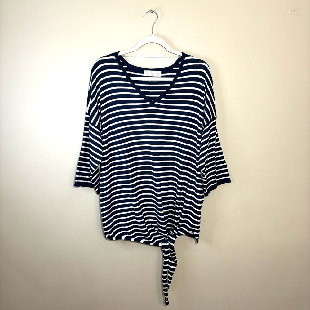 Oversized Navy Blue White Striped V-Neck Side Knot Knit Sweater XL 3/4 Sleeve